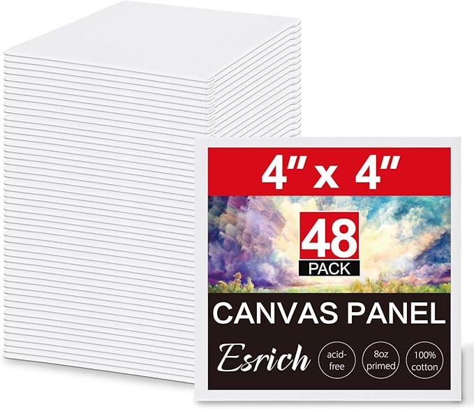 ESRICH Canvas Boards for Painting, 48 Pack Canvases for Painting 4x4 100% Cotton Small Paint Canvas Primed Acid Free Mini Blank Canvas Panels for Oil Paint,Watercolor,Acrylic Paint,Gouache&Tempera.