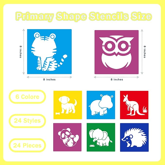 24 Pieces Stencils for Kids,Large Drawing Stencils Chalk Template,8 Inches Washable Shape Template Kit for Crafts,Painting Drawing for Kids Toddlers Preschool(Animal, 8 inch)