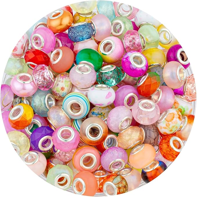 LAIDANLA Multicolor Large Hole Beads, 100pcs, 14mm, Resin, Plastic, Acrylic, Round, Loose Beads for Jewelry Making, Crafts, Decoration
