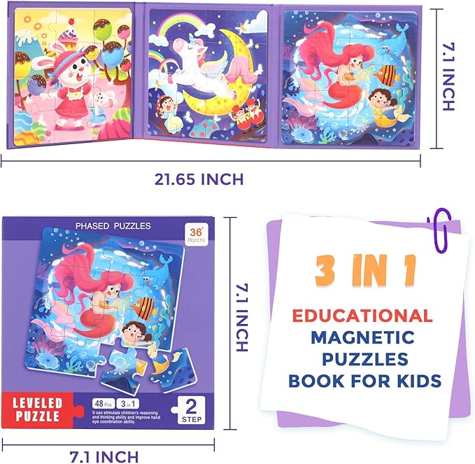 Magnetic Puzzles for Toddlers 1-3, Cartoon Mermaid Magnet 3 in 1 Jigsaw Puzzle, Kids Travel Puzzles Toys, Preschool Learning Toy for Kids 1-8 Year (Mermaid)