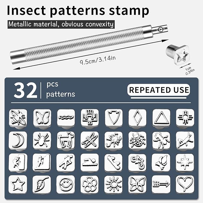 33 PCS Leather Stamping Tool Set, 32 PCS Leather Stamps Patterns + 1 Stamping Handle for Craft, Quality Craft Tool Stamp Set for DIY Beginners and Professionals
