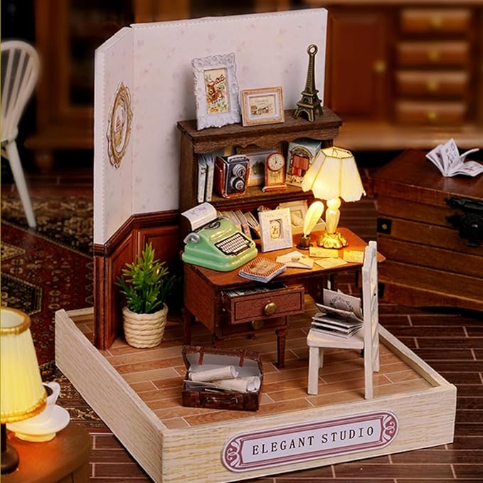 DIY Miniature House Kit, Mini House Building Kit with LED & Dust Cover, DIY Wooden Dollhouse Miniature Kit for Adults Teen, Wooden Crafts Lovely Dollhouse Kit, Elegant Studio