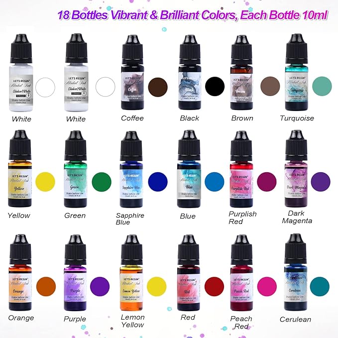 Alcohol Ink Set Epoxy Resin Dye- LET'S RESIN Vibrant Colors Alcohol Ink for Epoxy Resin, Concentrated Alcohol Based Resin Ink for Tumblers,Epoxy Resin Molds,Alcohol Inks Art (Each 0.35oz x 18 Bottle)