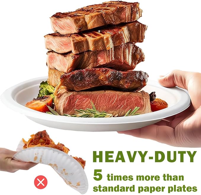 9 inch Plates Disposable Heavy Duty 150 Pack Leak Proof 100% Compostable Dinnerware Round White Paper Dishes Bagasse Made for Dessert, Parties, Wedding and BBQ (9 Inch)