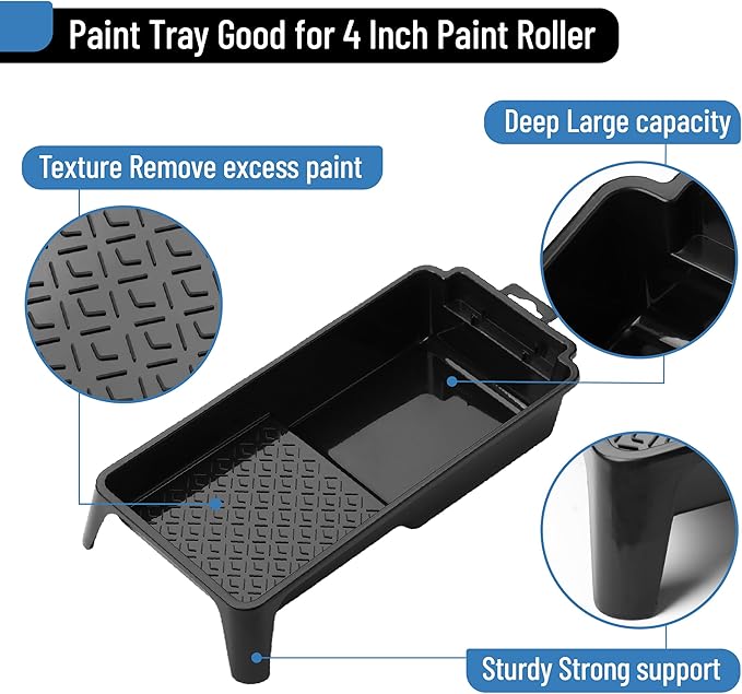 Bates- 4 Inch Paint Tray Set, 22 pcs, 1x 4 Inch Paint Roller Tray, 20x Disposable Plastic Liners & 1x Roller Frame, Black & Blue