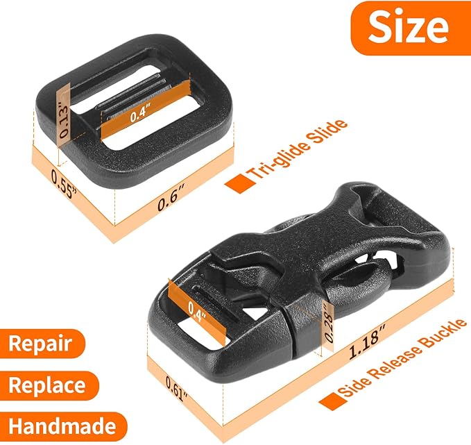Buckle and Strap Set 3/8", 10 Yards Webbing Strap, 10-Pack Dual Adjustable Side Release Plastic Buckles, 20 Tri-Glide Slider Clips, Black (3/8 Inch Combo Set)