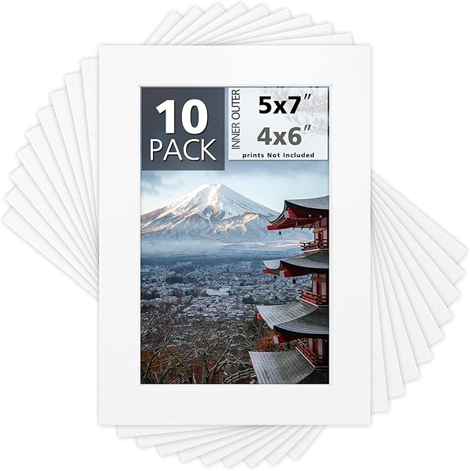 Mat Board Center, Pack of 10, 5x7 for 4x6 Off White Color Mats - Bevel Cut, Acid Free, 4-ply Thickness, White Core - for Pictures, Photos, Framing