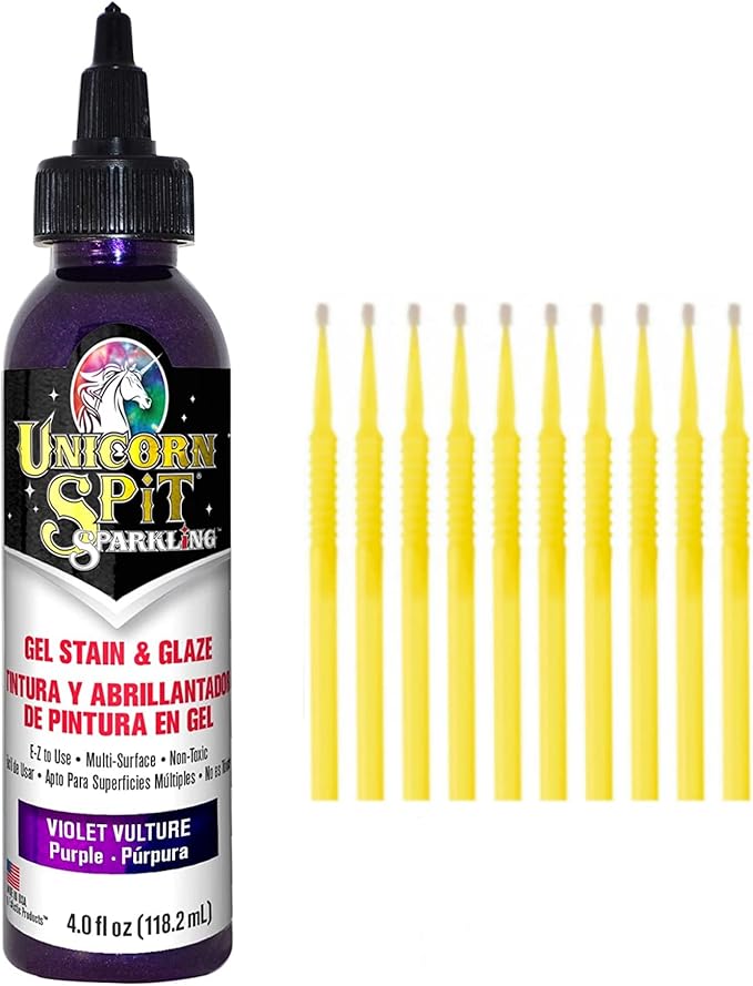 Unicorn SPiT Gel Stain and Glaze in One - Sparkle Violet Vulture 4 oz. Bottle Detail Sticks