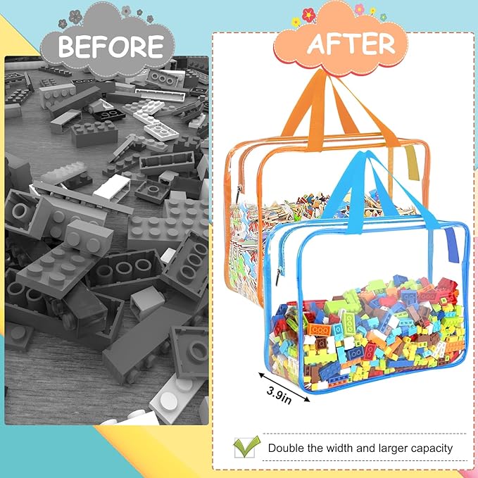 OPELETNNT 6 Color Large Toy Storage Bags with Labels, Reusable Clear PVC Board Game Storage, Travel Waterproof Organizer Bags with Zipper for Building Blocks, Puzzle, Kids Books