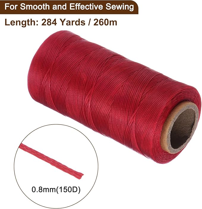 uxcell Leather Sewing Waxed Thread, 284 Yards / 260m 0.8mm 150D Flat Polyester All-Purpose Threads for Leather Crafts, Bookbinding, Red
