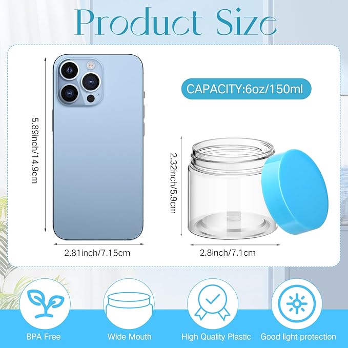 SATINIOR 12 Pack 6 oz Plastic Container Jars with Lids Round Clear Travel Cosmetic Container Slime Jars for Toiletries, Lotion, Cream, Ointments, Makeup, Rhinestone, Samples, Kitchen Storage(Blue)