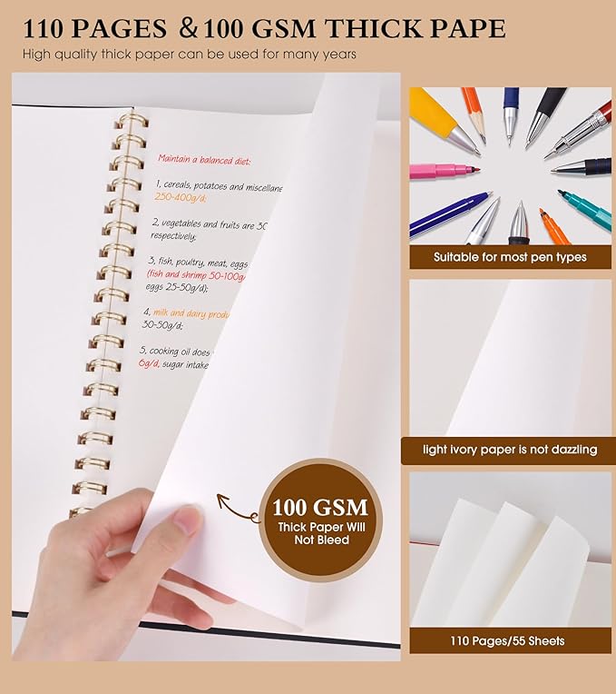 Blank Spiral Notebook Journal 8.5” x 11”, A4 Large Sketch Book for Women Men, 100 GSM Blank Paper Drawing Notebook, Plastic Hardcover Spiral Bound Sketchbook for Sketching Work School Writing, Black