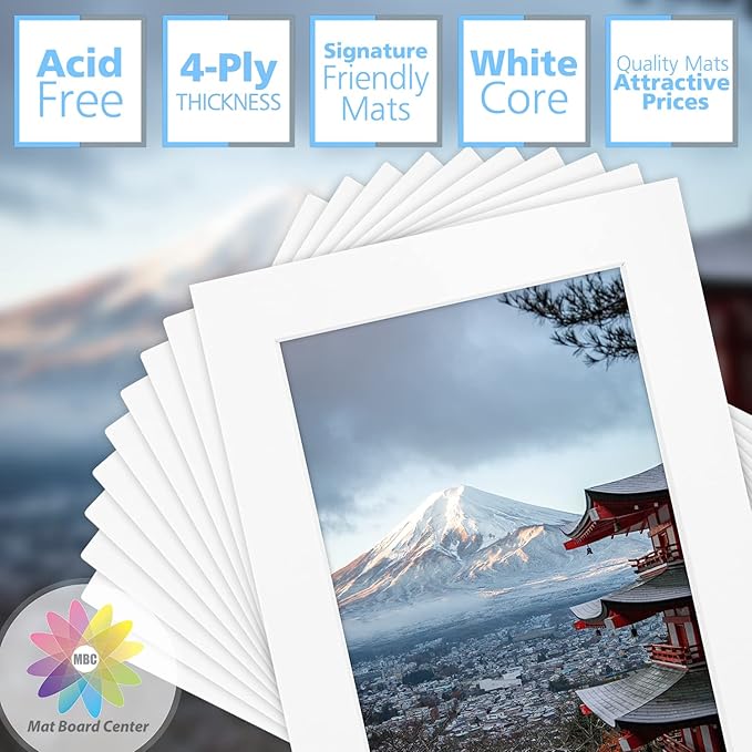 Mat Board Center, Pack of 10, 5x7 for 4x6 Off White Color Mats - Bevel Cut, Acid Free, 4-ply Thickness, White Core - for Pictures, Photos, Framing
