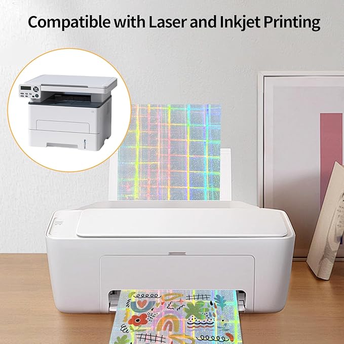 Printable Sticker Paper, 20 Sheets Printable Holographic Sticker Paper, Laser/Inkjet Printing- Holographic, Letter Size (8.5" x 11")
