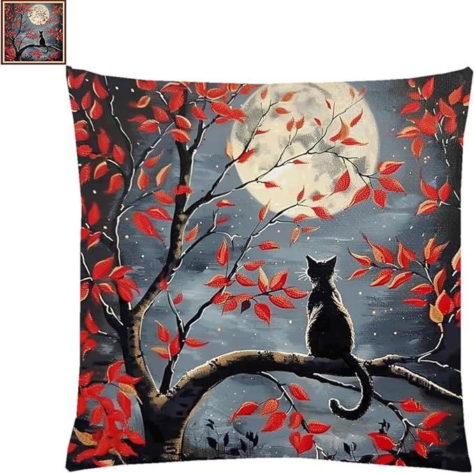 Stamped Cross Stitch Kits for Adults Beginners Pillow Needlepoint Kit with Embroidery Pattern Needlework Kit Prestamped Stitches Kit 11CT Cross Stitching-Cat Admiring The Moon 18x18 inch
