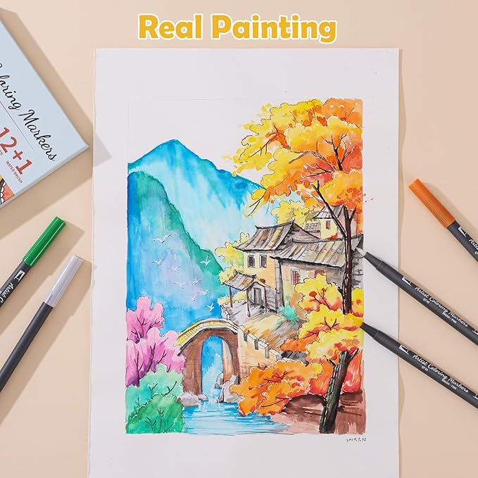 12 Colors Blendable Watercolor Pens 2025 Upgrade Water Based Paint Set Double Tip Watercolor Markers with 1 Water Brush Pen Coloring Pens Drawing Markers with Brush Tip for Artists&Beginners
