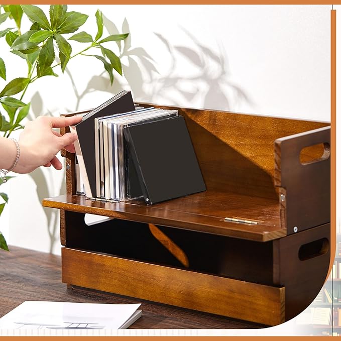 2 Set Wooden CD Storage Box Holder Shelf Cassette Tape Display Racks with Carrying Handles, Organizer Shelf for Movie Cases, DVDs, Each Set Can Store up to 36 Pcs CDs (Brown)