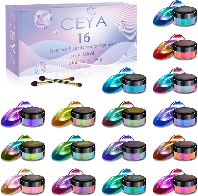 Ceya Chameleon Mica Powder Set 16 Colors, 2.8oz/ 80g Chrome Powder, Cosmetic Grade Pearlescent Effect Color Shift Pigment for Epoxy Resin, Soap Dye, Candle Making, Nail Art, Makeup, Slime, Paint