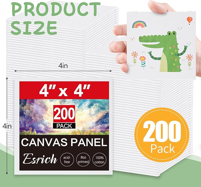 ESRICH Mini Canvases for Painting,4x4In Canvas in Bulk 200Pack Small Canvas Panels Cotton Paint Canvas Primed Acid Free Blank Canvas Boards for Oil Paint,Watercolor,Acrylic Paint,Gouache&Tempera.