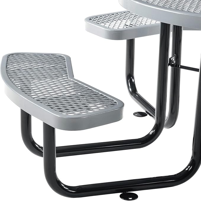 Global Industrial 46" Round Picnic Table, Expanded Metal, Gray Thermoplastic Coating, Attached Benches, 1-1/2” Umbrella Pole Hole, Outdoor-Rated, 1000 lb Capacity
