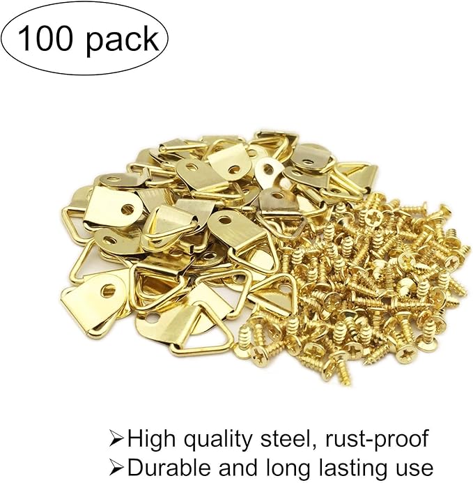 100 Pack Small Triangle Ring Steel Picture Hangers with Screws Picture Frames Picture Hang Solutions for Hanging Clock Paintings Artwork Picture Frame Hook Photos(Gold)