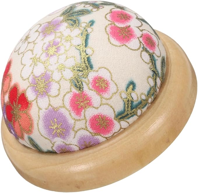 HARFINGTON Pin Cushion Wooden Base Japanese Style Round Pincushion Needle Holder for Sewing Quilting Needlework DIY Crafts, White Floral Style