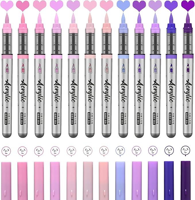 Purple Pink Acrylic Paint Pens,12 Color Paint Pens Markers,Brush Tip Paint Pens for Rock Painting Wood Glass Ceramic Canvas Stone DIY Crafts Making Art Supplies