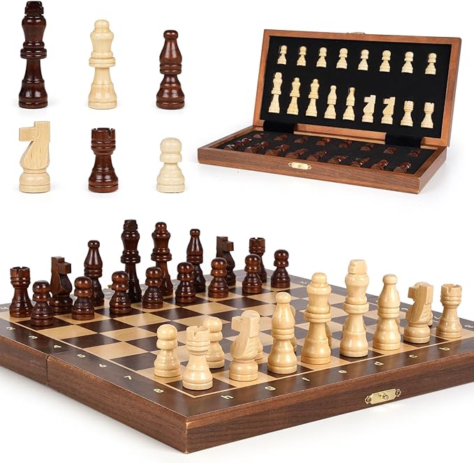 Magnetic Travel Chess Set 12-inch Wooden Magnetic Chess Board 2 Extra Queen Folding Chessboard for Storage Toys & Games for Adults Vintage Chess Game – Family Board Games Educational Toy Sets