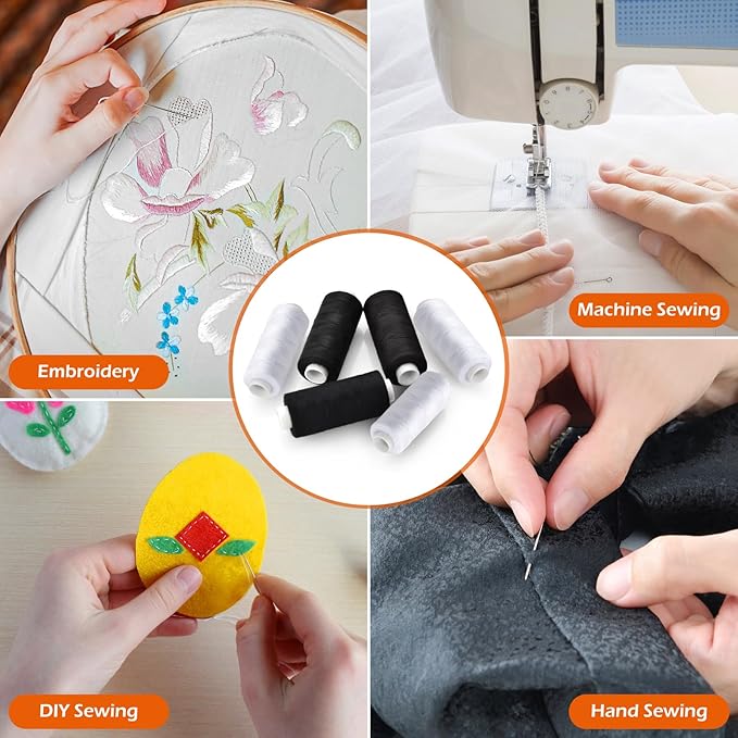 6 Pcs Sewing Thread Kit, 400 Yards Each Spool 402 Polyester Thread with Sewing Needle & Threader, Sewing Threads for Sewing Machine, Hand Stitching, Embroidery