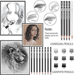 PANDAFLY Drawing Sketching Pencil Set, 22 Piece Pro Art Pencil Kit - Graphite Pencils (12B-2H), Black and White Charcoal Pencils, Charcoal Sticks, Stumps, Eraser, Sharpeners