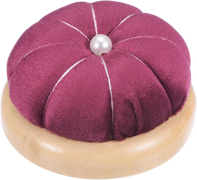 HARFINGTON Wooden Base Pin Cushion Japanese Style Cute Needle Holder Pincushions Round for Sewing Quilting Needlework DIY Crafts, Dark Red