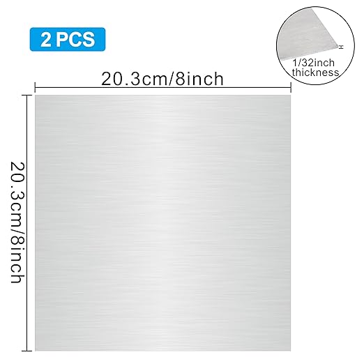 316L Stainless Steel Sheet 8x8x0.031 (23 Ga) 2 Pack, Brushed Metal Plates for Home DIY, Jewelry Making, Model Building - Rust Resistant, Cut-to-Size Ready
