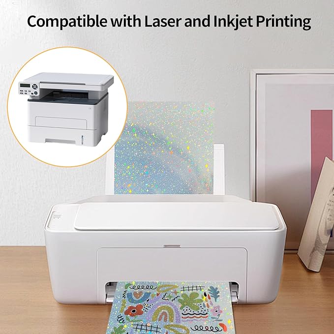 Printable Sticker Paper, 20 Sheets Printable Holographic Star Sticker Paper, Laser/Inkjet Printing- Holographic, Letter Size (8.5" x 11")