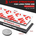 Thaibear Magnetic Strip, Flexible Magnetic Strips with Adhesive Backing (5 Pack, 12" x 1") Strong Sticky Magnetic Tape for Kitchen, Garden - Magnet Tape Strip Holder Strip for Wall
