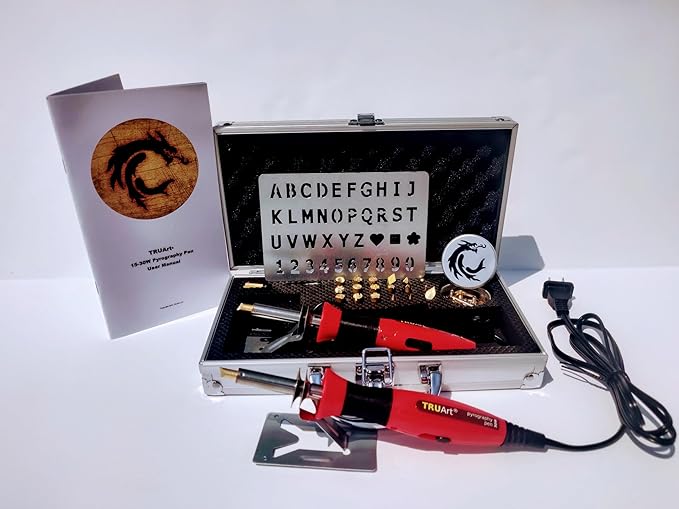 TRUArt Wood and Leather Pyrography Pen Set - Best Woodburning and Leather Crafts Burner Tool Kit - 35 Different Tips - Dual Power Mode - 30W and 15W, Gourd (Aluminum Case)