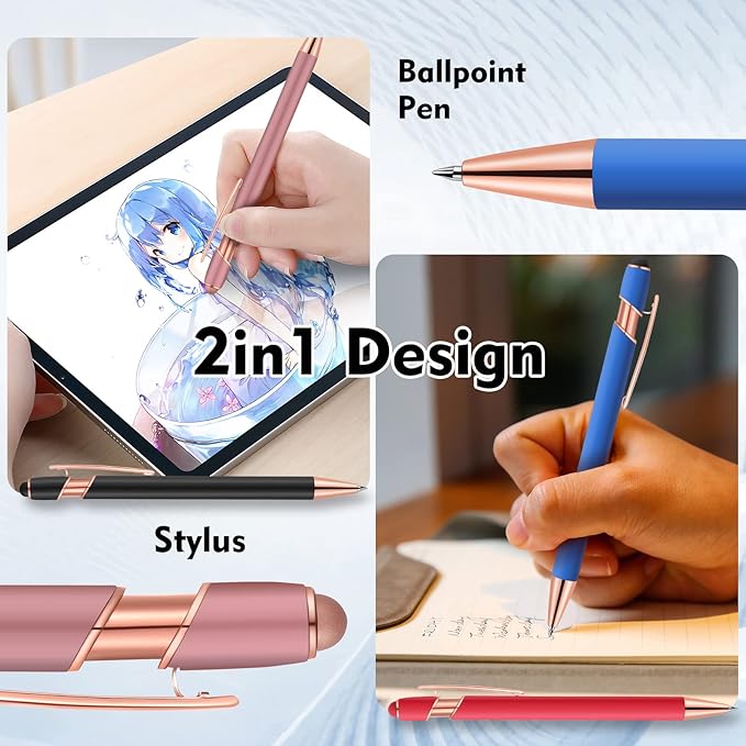 12 PCS 2 in 1 Stylus Ballpoint Pen with Stylus Tip, 1.0 mm Black Ink Metal Pen Stylus Pen for Touch Screens (Rose glod & 6 Colors)