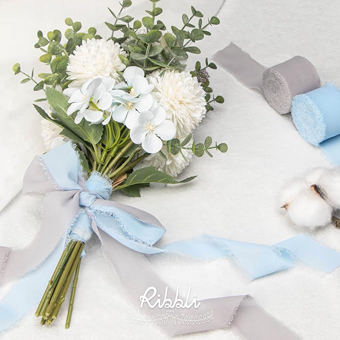 Ribbli Light Grey Chiffon Ribbon 1-1/2 inch x 20 Yard Handmade Fringe Chiffon Silk Ribbon for Wedding Invitations, Bridal Bouquets Wrapping, Flower Arrangement Decoration