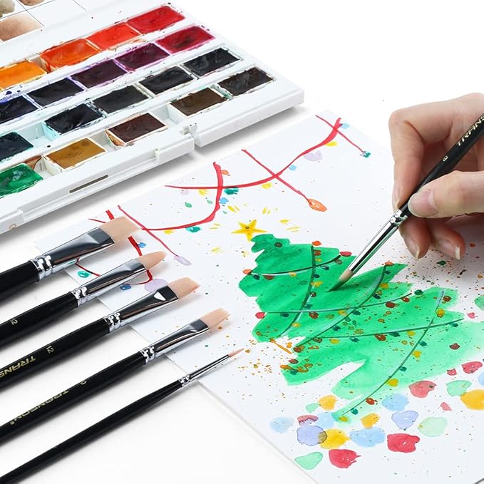 Transon Paint Brush Set 6pcs Art Painting Flexible Bristle for Acrylic Watercolor Gouache Oil Leather Canvas and Face Painting