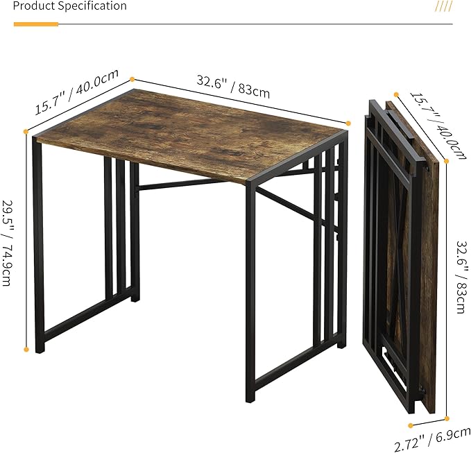 32 inch Small Folding Computer Desk, Writing Gaming Computer Desk for Small Spaces, No Assembly Required Home Office Desk, Rustic Brown