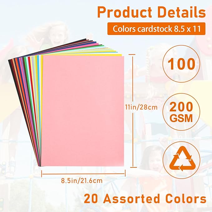 100 Sheets Colored Cardstock 8.5 x 11 Craft Paper, 20 Assorted Colors 75lb Heavyweight Invitation Paper Card Stock for DIY Cards Making, Wedding, School Scrapbooking, Memus, Party Decorations