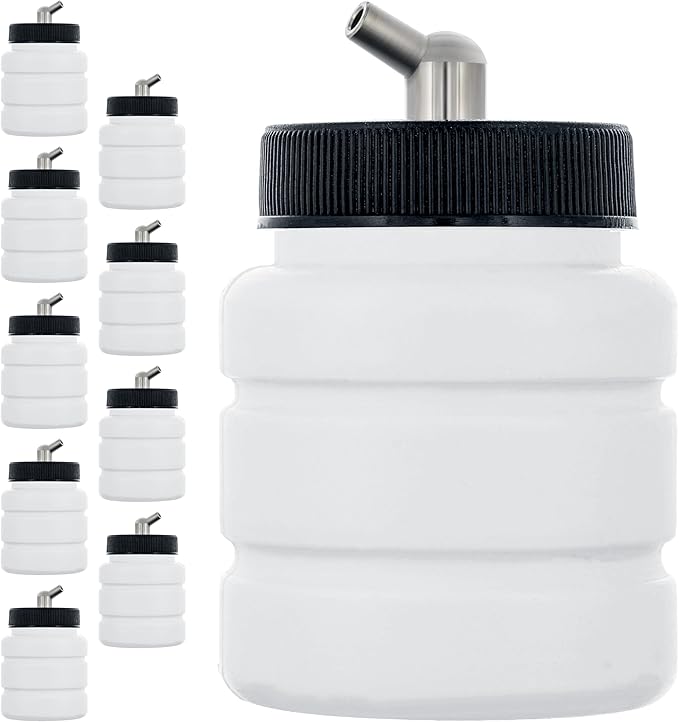 Master Airbrush (Pack of 10) TB-005 Empty 2.7-Ounce (80cc) Plastic Jar Bottles with 60° Down Angle Adaptor Lid Assembly - Fits Single-Action Siphon Feed Airbrushes, Use on Master Badger Paasche Iwata