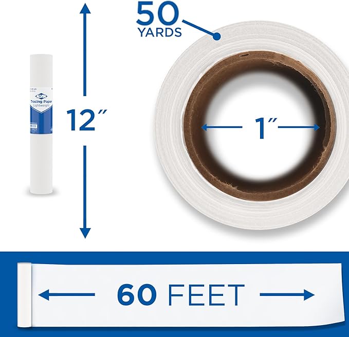 ALVIN 55W-G Lightweight Tracing Paper Roll, White, Suitable with Ink, Charcoal, Felt Tip Pen, for Sketching or Detailing - 1-inch Core (50 Yards, 12")