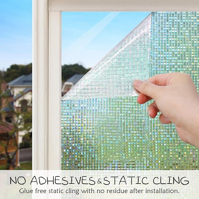 HIDBEA 3D Window Privacy Film - Rainbow Decorative Clings, Heat Control Decals, Vinyl Glass Tint, 35.4 x 98.4 Inches, Mosaic Patterns