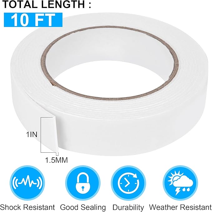 ToLanbbt Double Sided Foam Tape 1In x 10FT, Mounting Tape Heavy Duty, Strong Adhesive Weatherproof Seal Strips for DIY Craft Picture Poster, Car & Gap Filling Mountings, Home Office Decor (White)