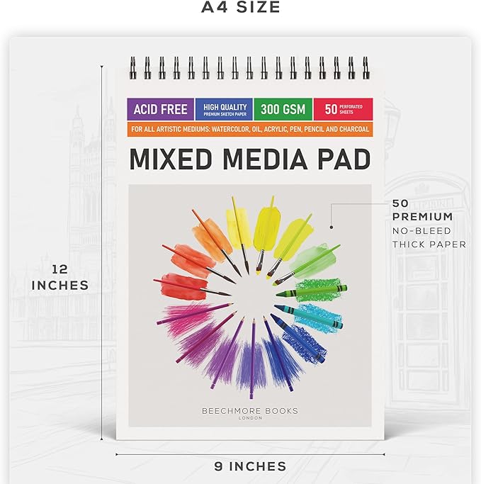 BEECHMORE BOOKS Mixed Media Spiral Sketchbook A4 9×12 – 300 GSM Heavyweight Paper, 50 Perforated Sheets, Bleedproof Art Pad for Watercolor, Acrylic, Oil, Gouache, Markers