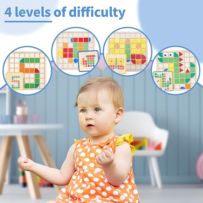 Montessori Tangram Educational, Geometric Shapes Puzzle Toys with 120Pcs Wooden Puzzle Blocks and 20Pcs Cards, Colorful Pattern Montessori Children's Educational Gifts for Kids Ages 3 and Up