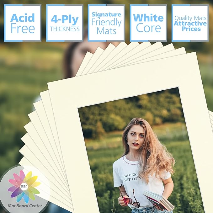 Mat Board Center, Pack of 10, 11x14 for 8x10 Ivory Color Mats - Bevel Cut, Acid Free, 4-ply Thickness, White Core - for Pictures, Photos, Framing