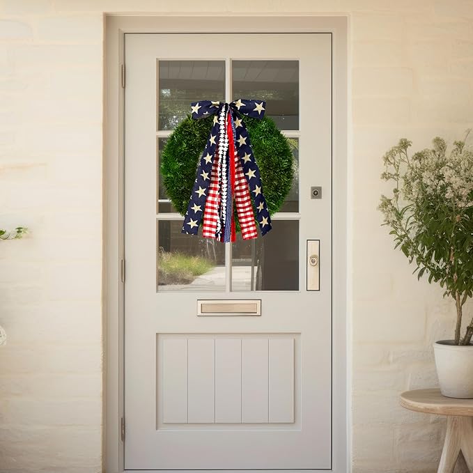 Large Patriotic Star Ribbon Bow for Wreath, Red White Buffalo Plaid Fabric Ribbons Set Assorted Lace Ribbon 4th of July Clip-On Wreath Sash Ribbons Bundle for Patriotic Indoor Outdoor Decor