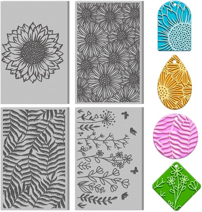 4PCS Polymer Clay Flowers Leaves Texture Sheets Set for Using with Clay Cutters, Boho Clay Texture Mats, Jewelry Making DIY Craft Tools