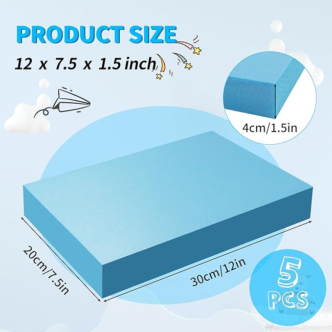 LuckyFoam Blue 5 Pack 12x7.5x1.5 inch Foam Sheets 1.5 Inch Thick Polystyrene Rectangles XPS Foam Board Craft for Insulating DIY Modeling Art Supplies
